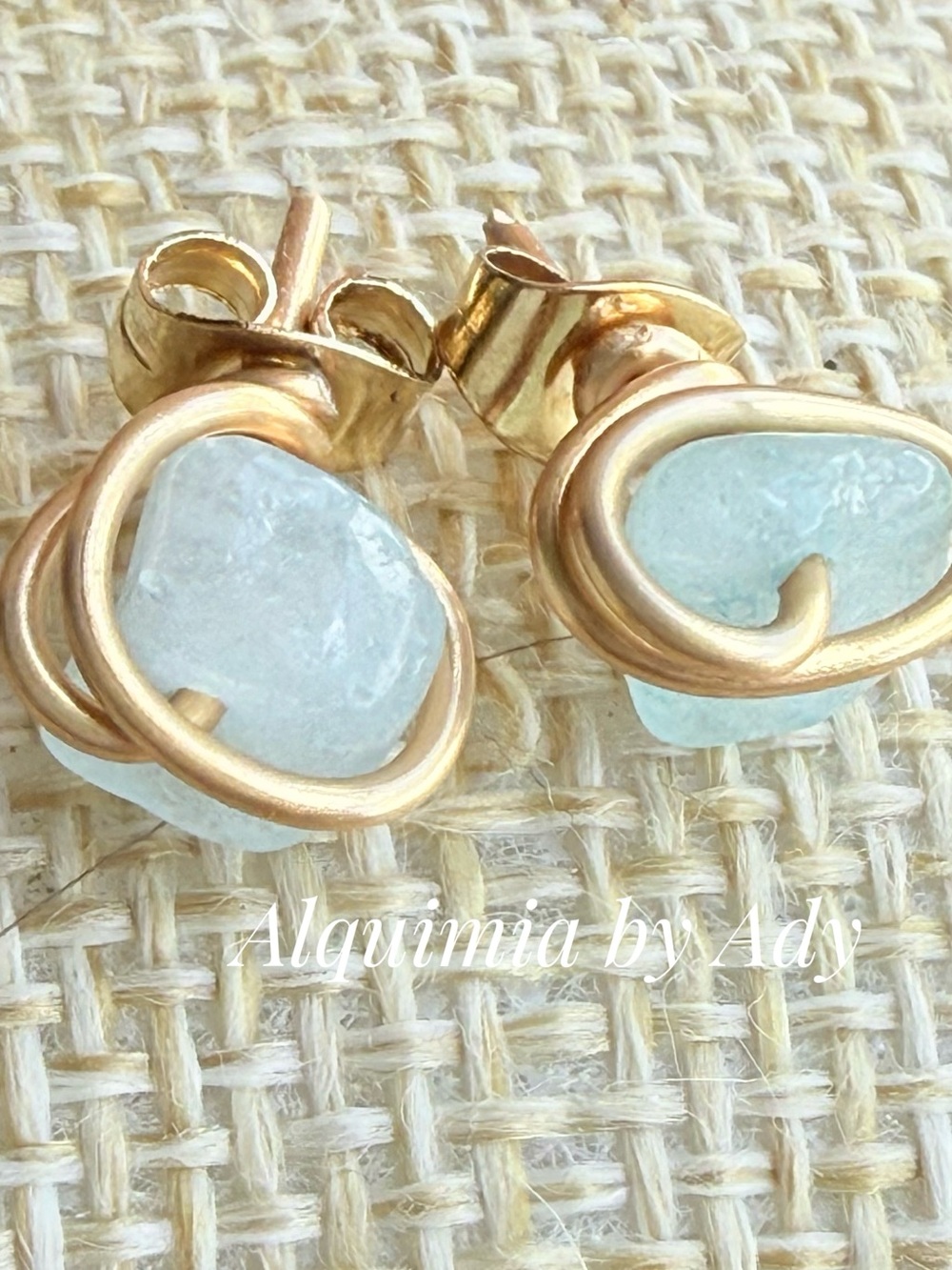 Alquimia Gold Sea Glass Stud Earrings in Pale Aqua